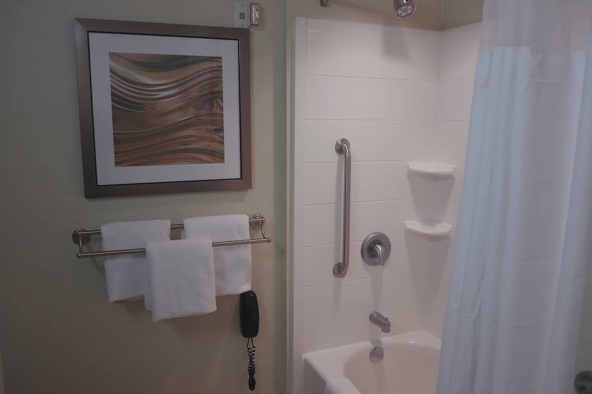 shower, free toiletries, hair dryer, towels