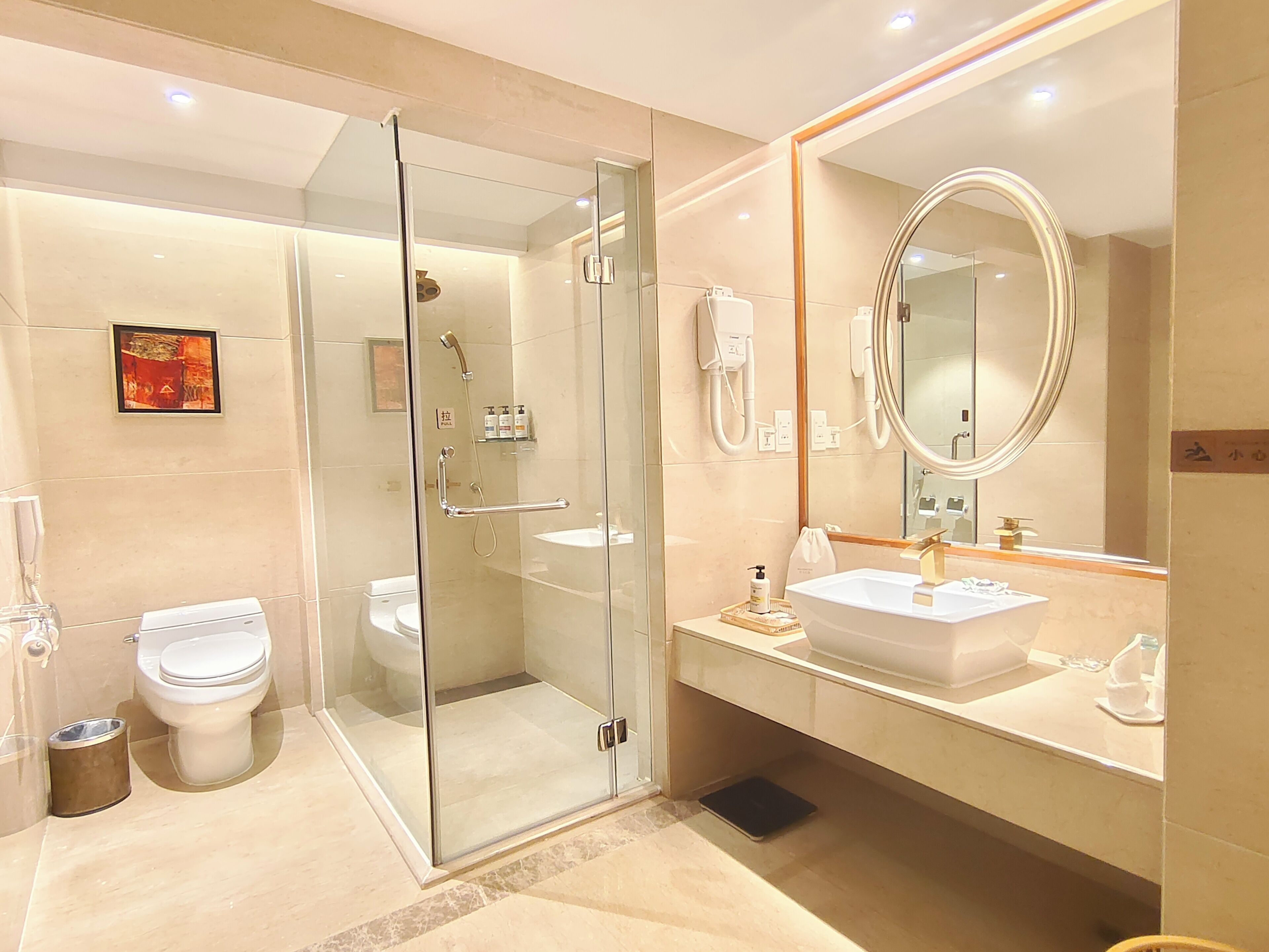 eco-friendly toiletries, hair dryer, bathrobes, towels