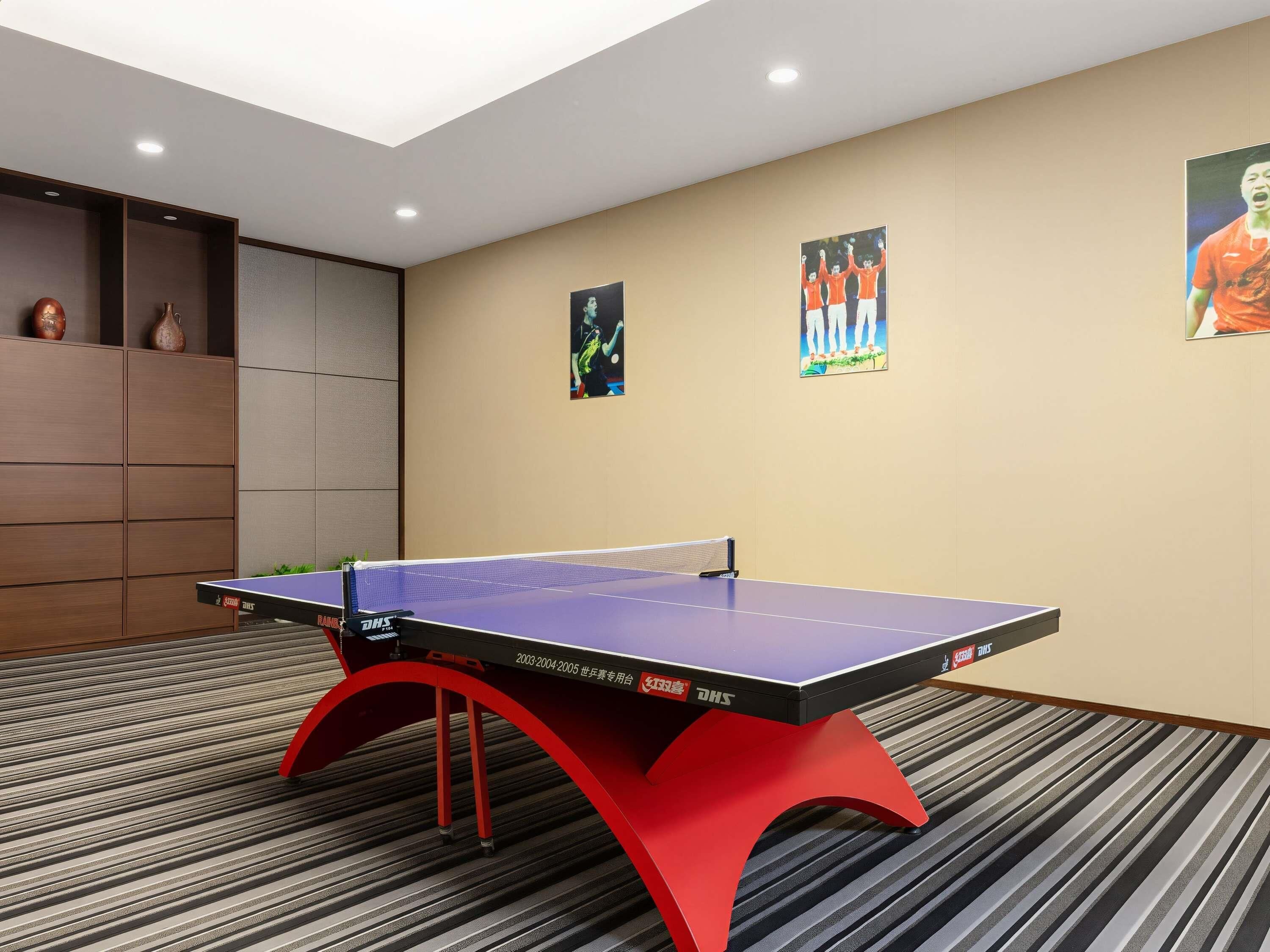 A ping pong table in a room with striped carpet, a cabinet with decorative items, and two posters on the wall.