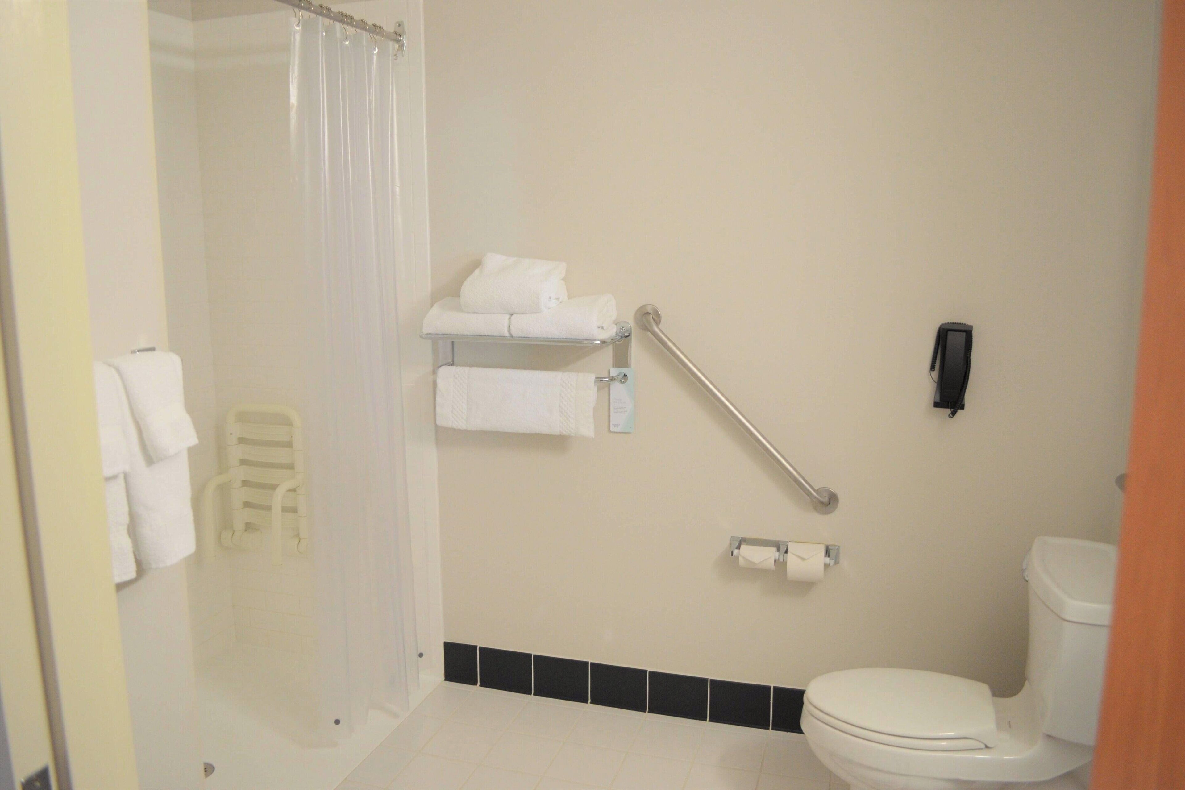 combined shower/bathtub, free toiletries, hair dryer, towels