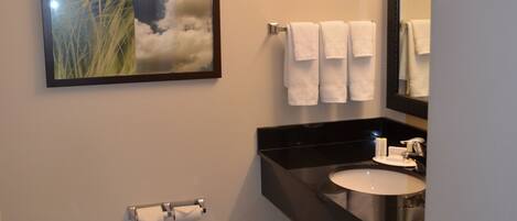 Ein Badezimmer mit Toilette, Waschbecken, Spiegel und einem gerahmten Bild an der Wand.