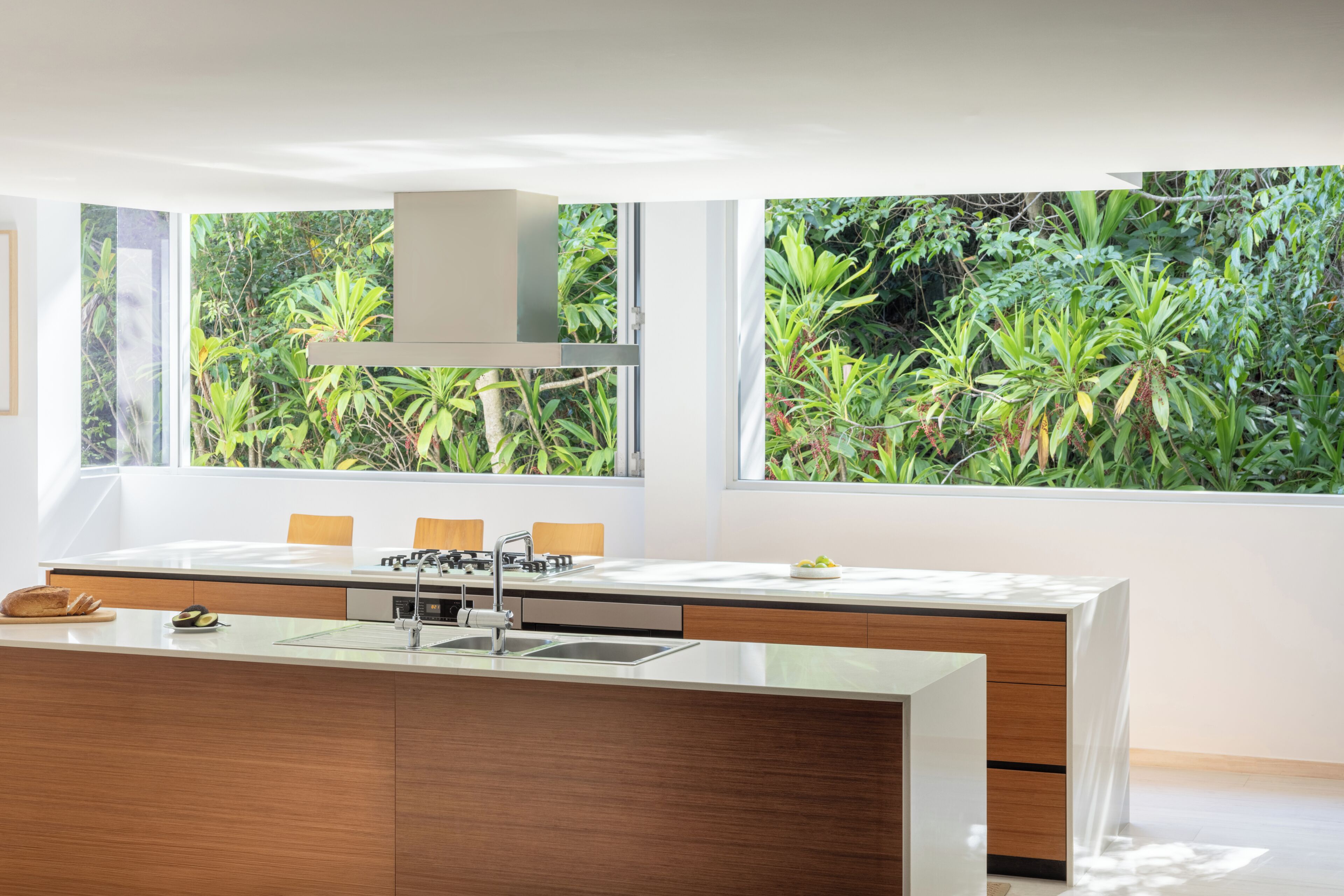 A modern kitchen with a central island, a double sink, and a view of lush greenery through large windows.
