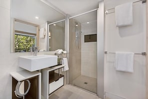 Shower, free toiletries, hair dryer, towels