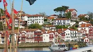Une ville côtière aux bâtiments blancs coiffés de toits rouges, avec un bateau amarré dans le port et plusieurs drapeaux au premier plan.