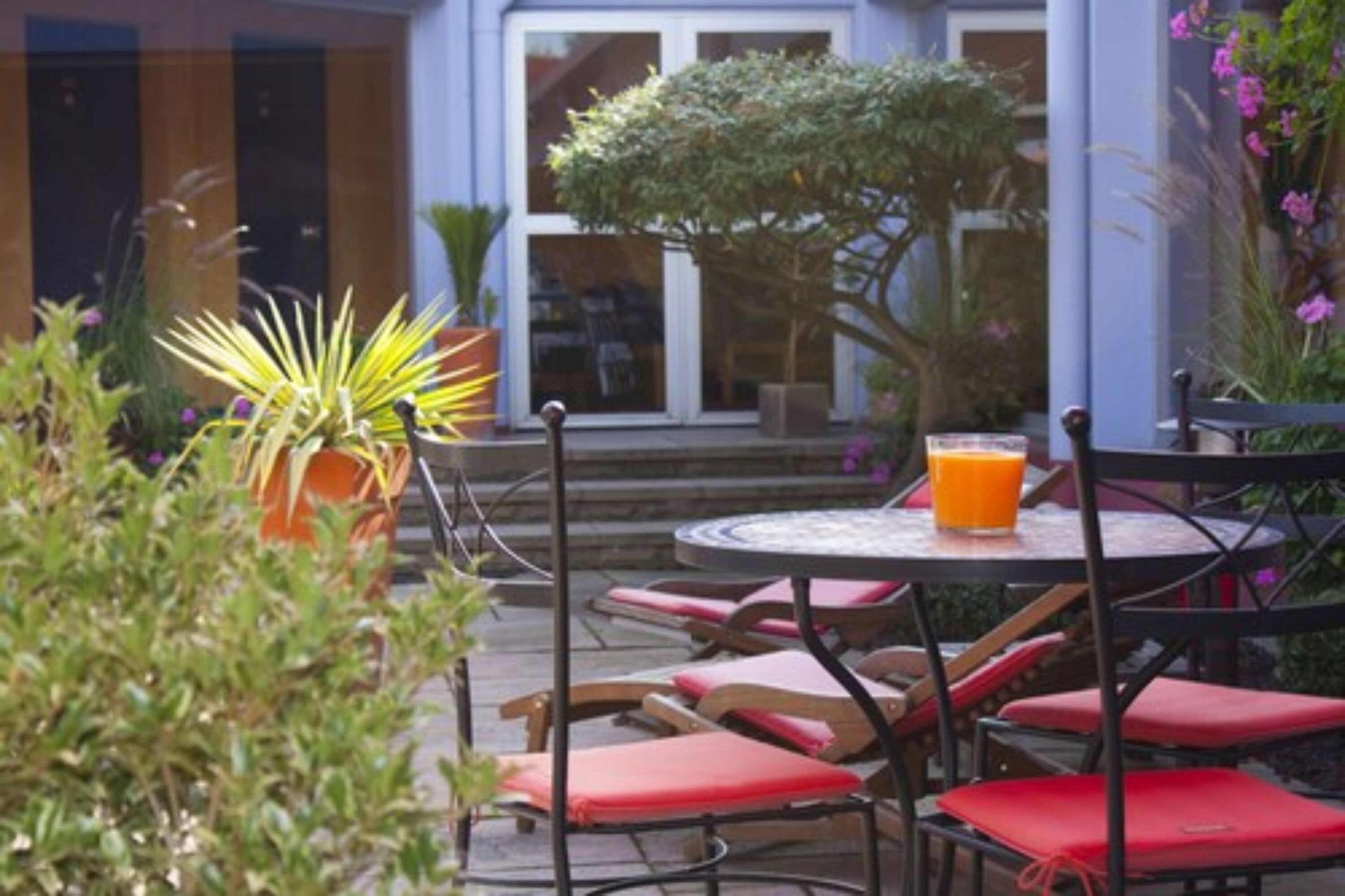 Een terras met ronde tafels en rode stoelen met kussens, omgeven door potplanten en een kleine boom.