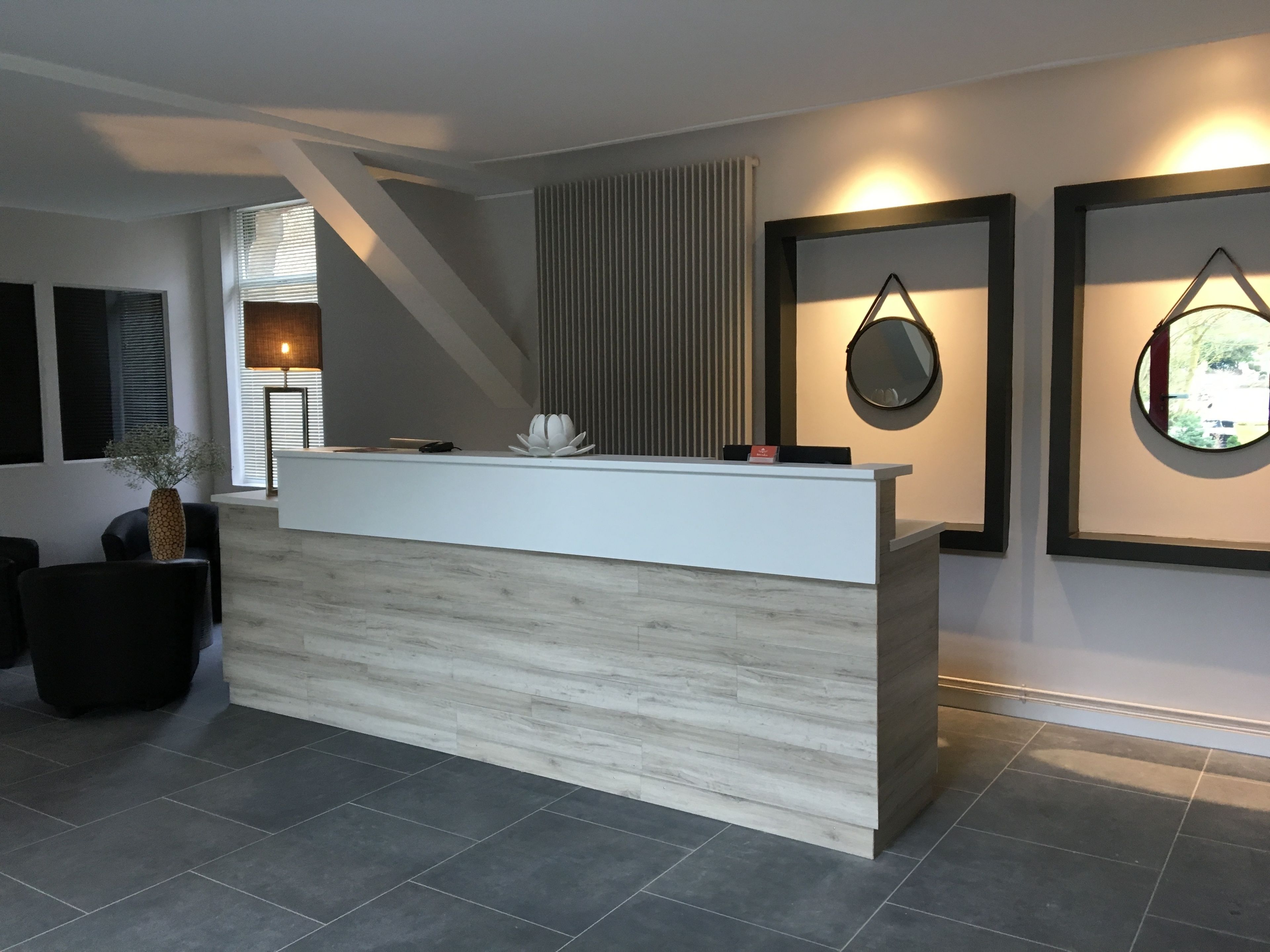 Una zona reception dal design moderno, con una scrivania chiara, una pianta in vaso e quadri alle pareti.