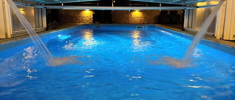 Indoor pool, open 10:30 AM to 8:00 PM, pool umbrellas, sun loungers