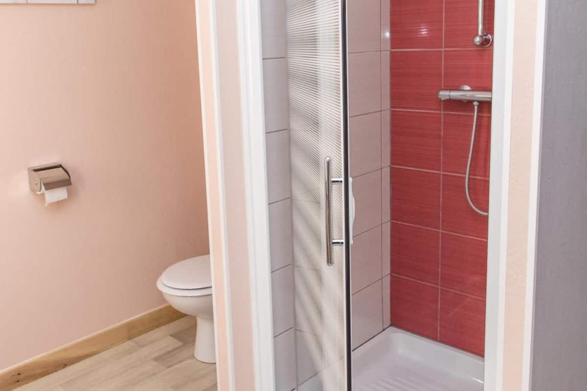 rainfall showerhead, hair dryer, towels