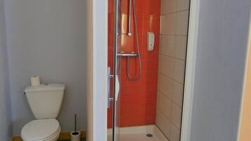 A bathroom with a shower, toilet, and wooden flooring.