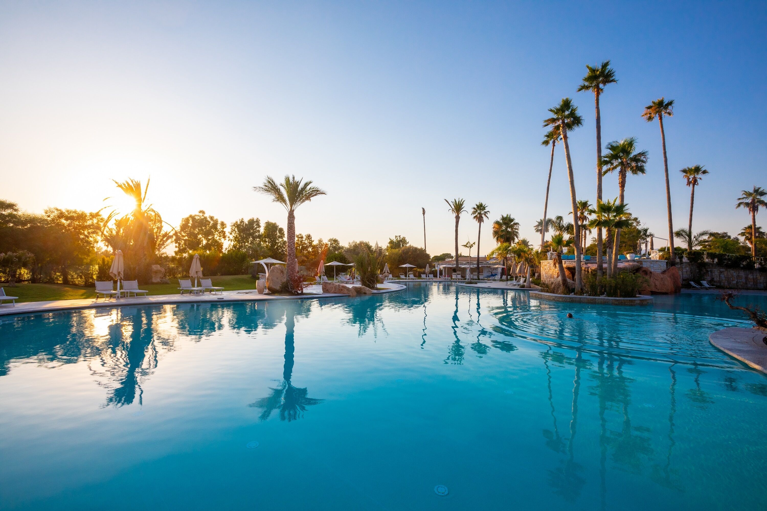 A large outdoor swimming pool surrounded by palm trees and lounge chairs.