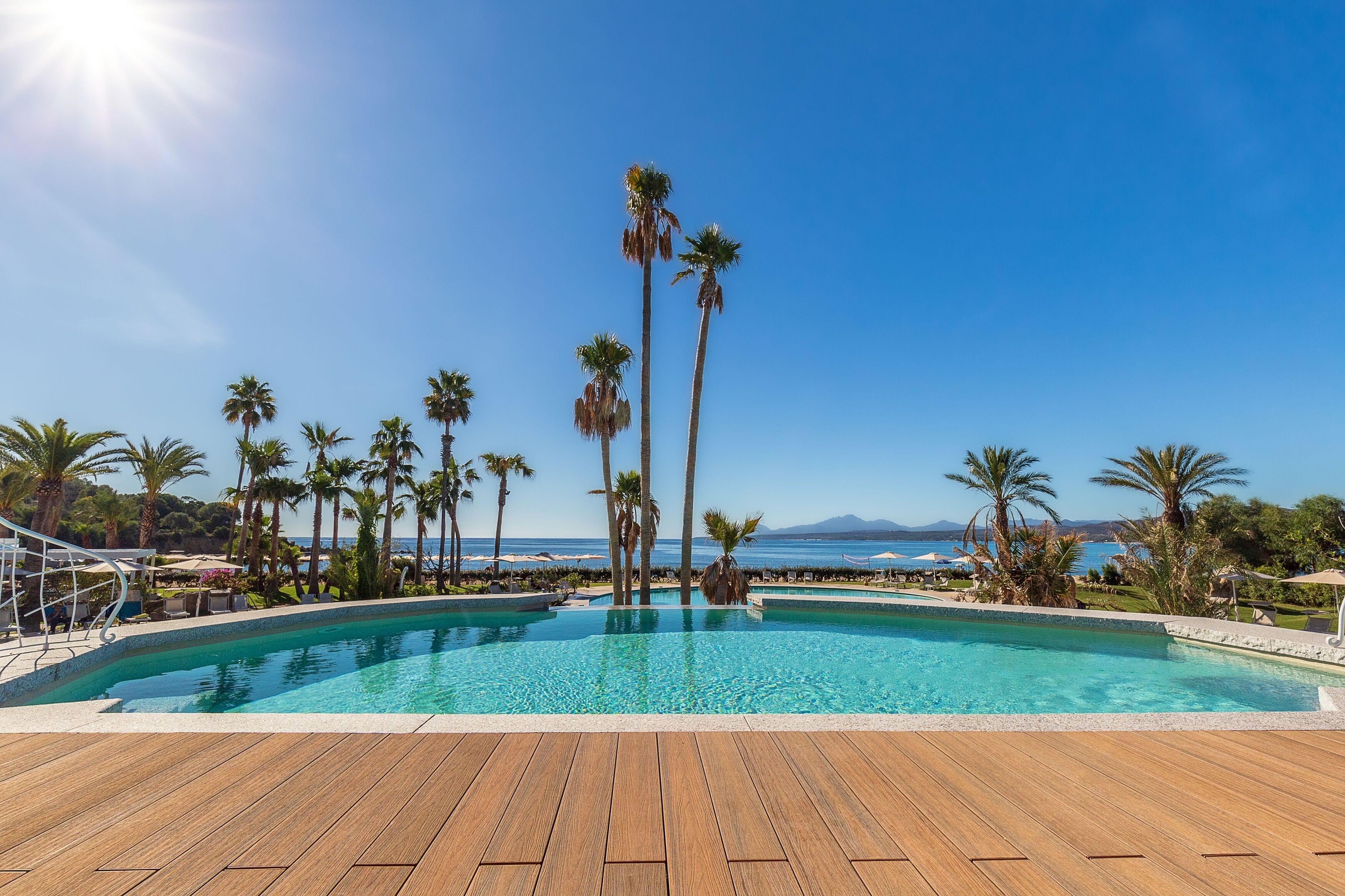 Un área de piscina con cubierta de madera, rodeada de palmeras y un cielo azul despejado.