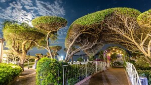A nighttime pathway flanked by well-maintained trees and a metal railing, leading towards a body of water. - Hotel Club Saraceno (Tortoli)