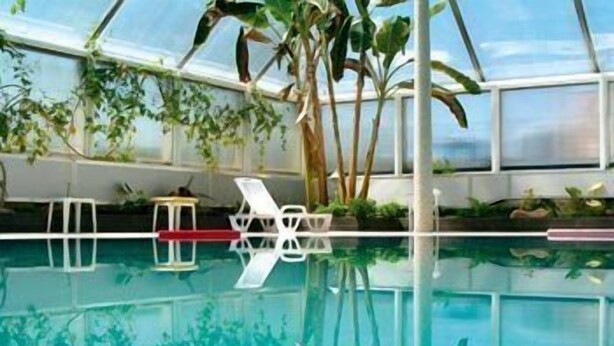 Piscina interna com água cristalina, cercada por plantas e cadeiras de lounge brancas.