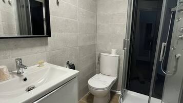 A modern bathroom with a white sink, mirror, toilet, and glass shower enclosure.
