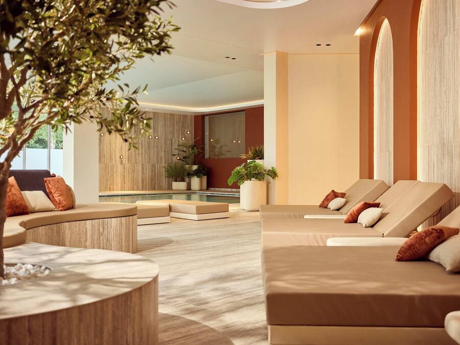 A modern lounge area with sofas, a small pool, and a tree.
