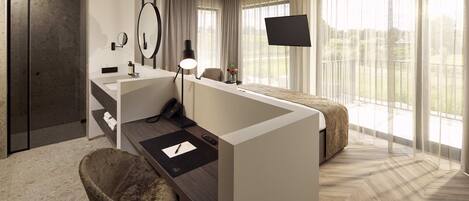 A modern hotel room with a large window, a desk with a chair, a bed, and a TV mounted on the wall.