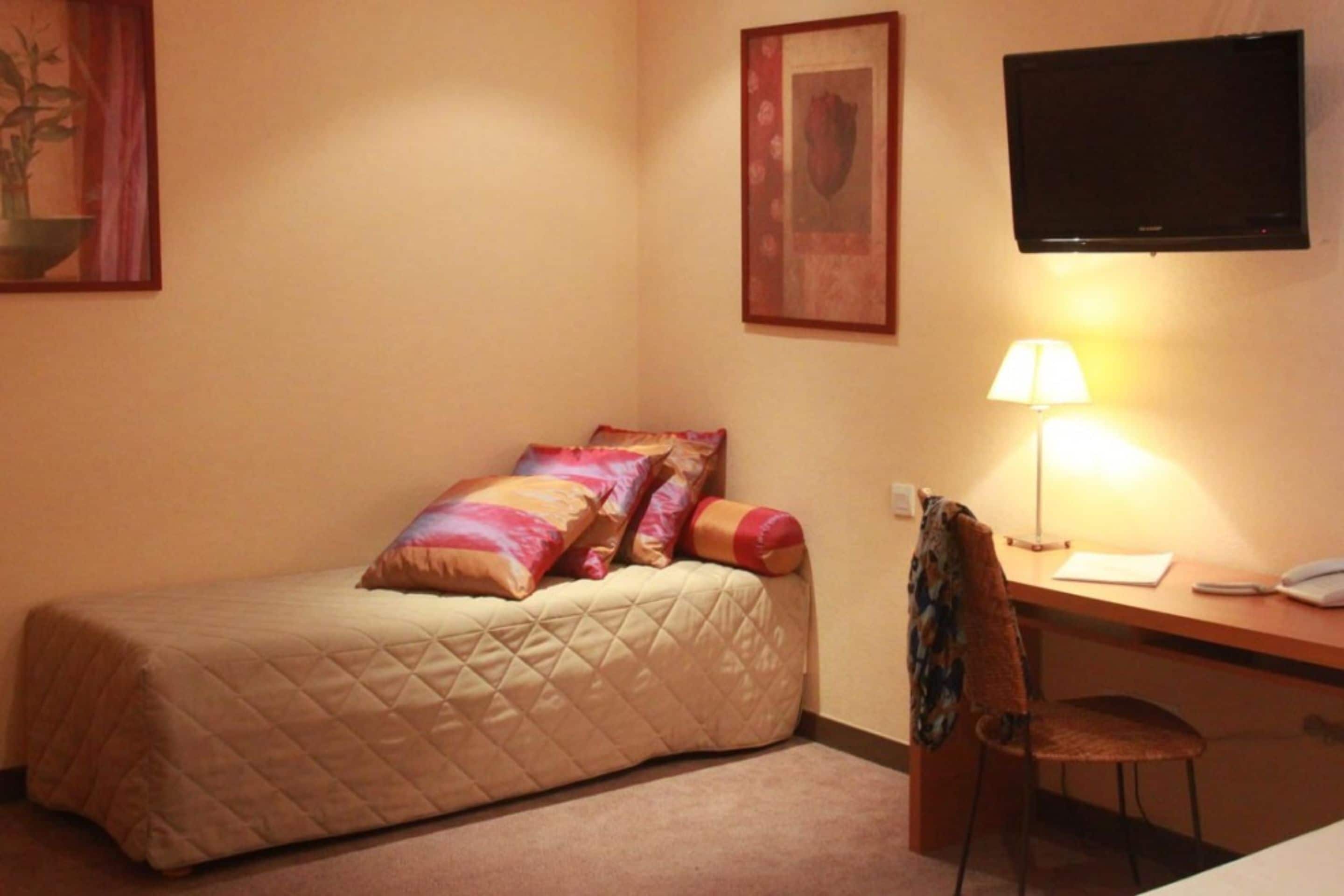 Habitación de hotel con cama, escritorio, silla, lámpara, televisor y un cuadro en la pared.