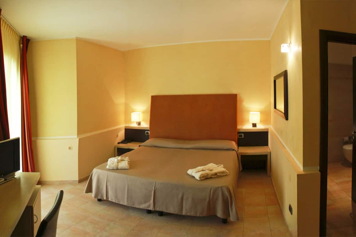 Habitación de hotel con cama, mesitas de noche, escritorio, silla, televisor y baño con inodoro y lavabo.