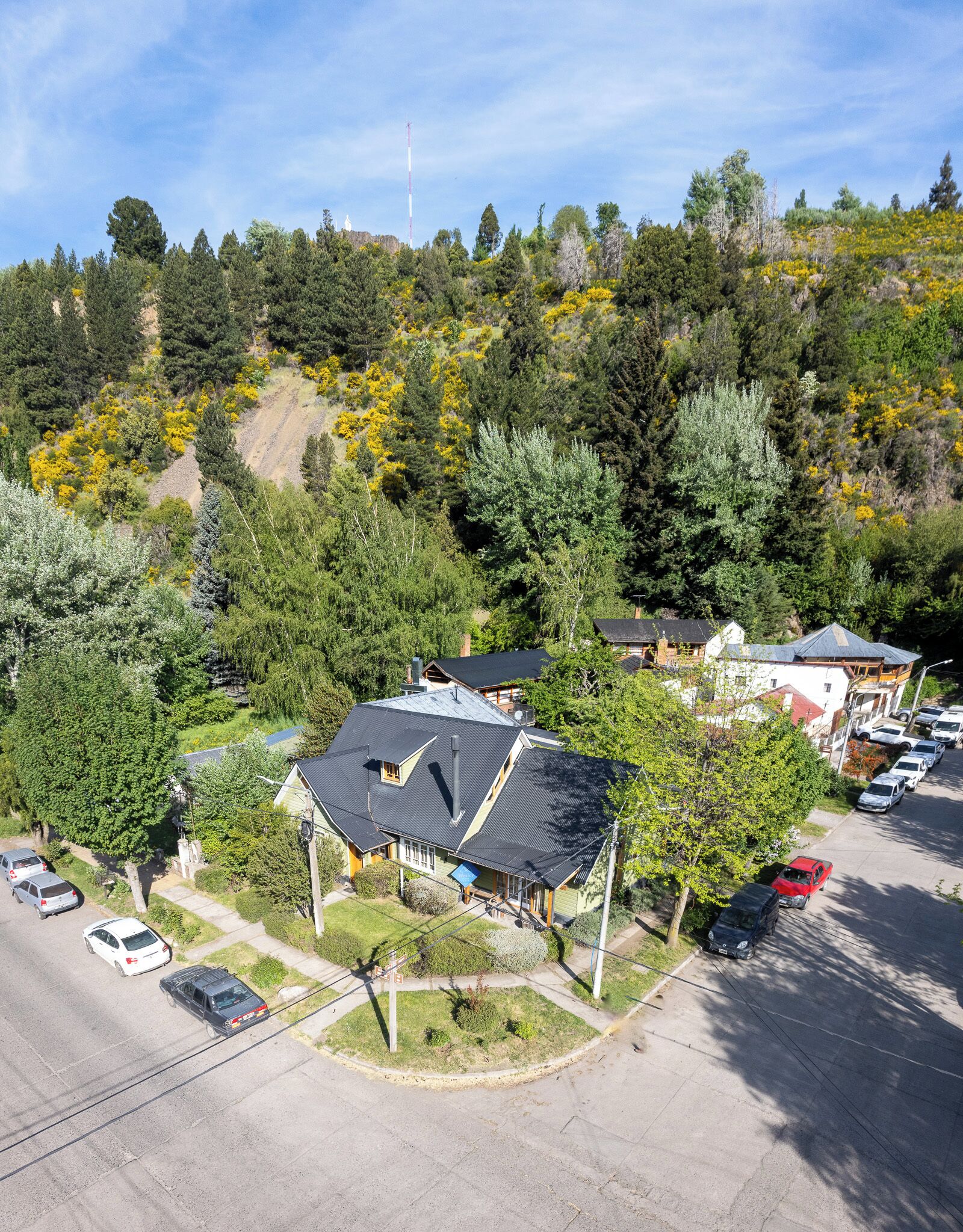 A residential area with houses, a road, and a hillside with trees.