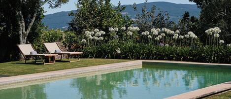 Una piscina al aire libre, tumbonas