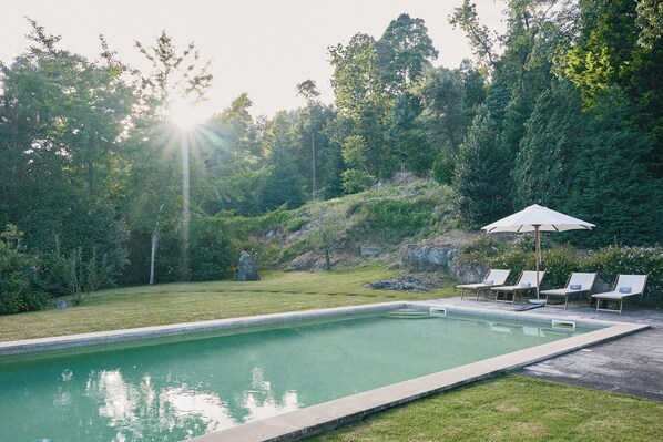 A swimming pool with a grassy area and lounge chairs, surrounded by trees.