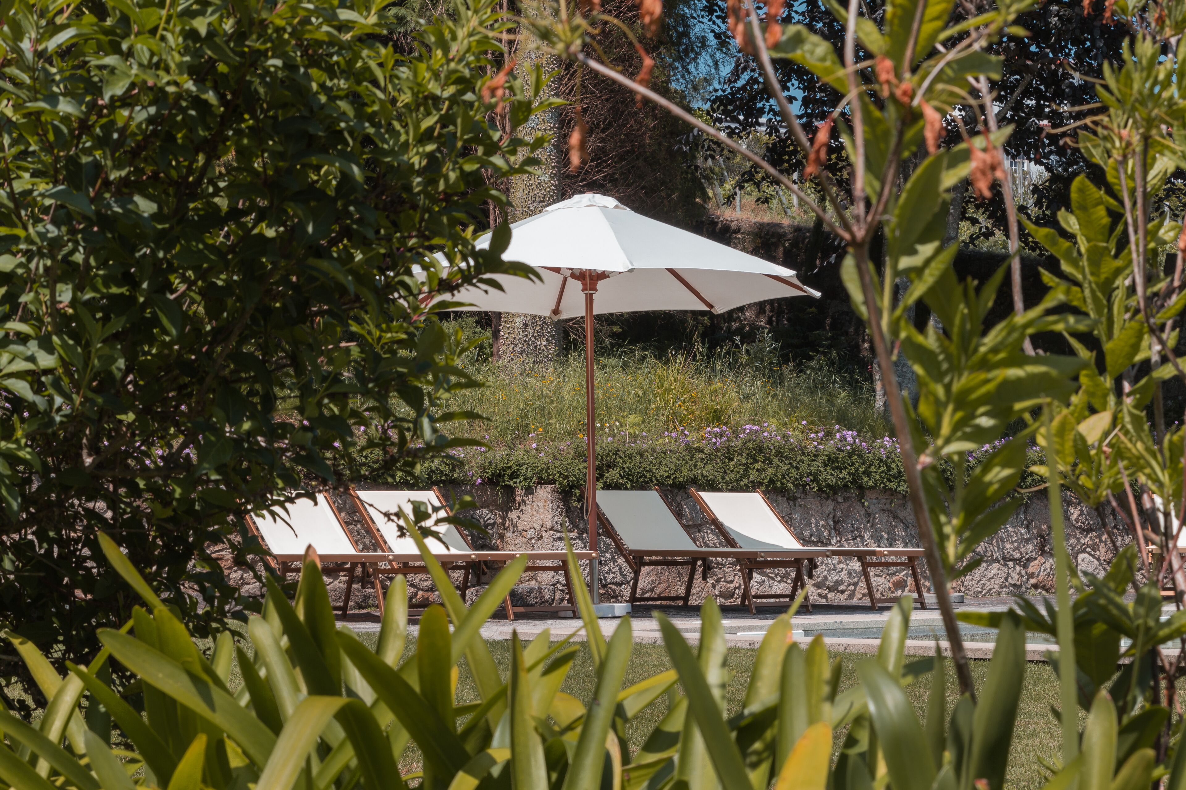 Una piscina al aire libre, tumbonas