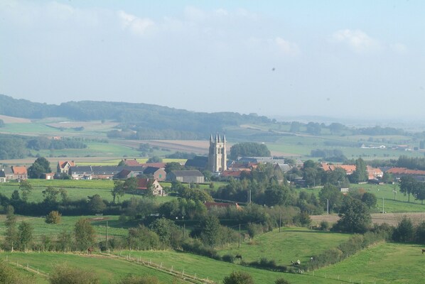 Paisaje rural con una destacada torre de iglesia, rodeado de campos y edificios residenciales.