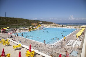 Seasonal outdoor pool, pool umbrellas, pool loungers