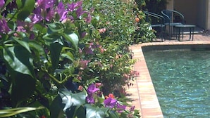 A poolside area with a flower bed and chairs.
