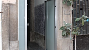 A doorway with a glass panel and a potted plant beside it. - Lunar Guest House (Porto)