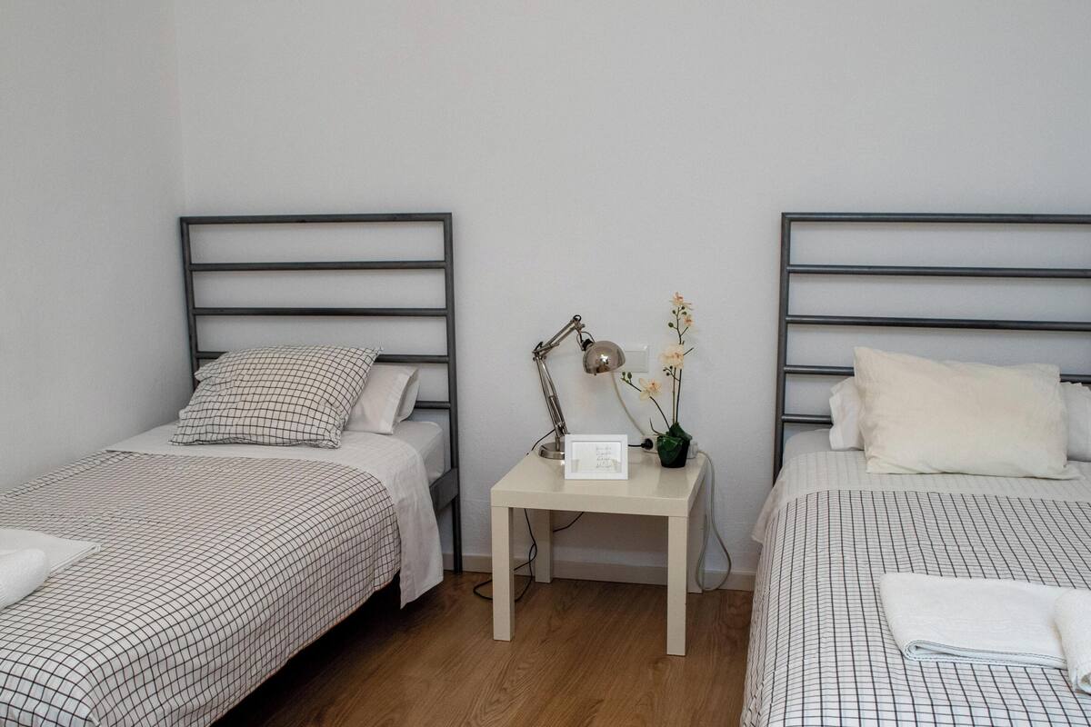 A room with two single beds, a bedside table with a lamp, and a small potted plant.
