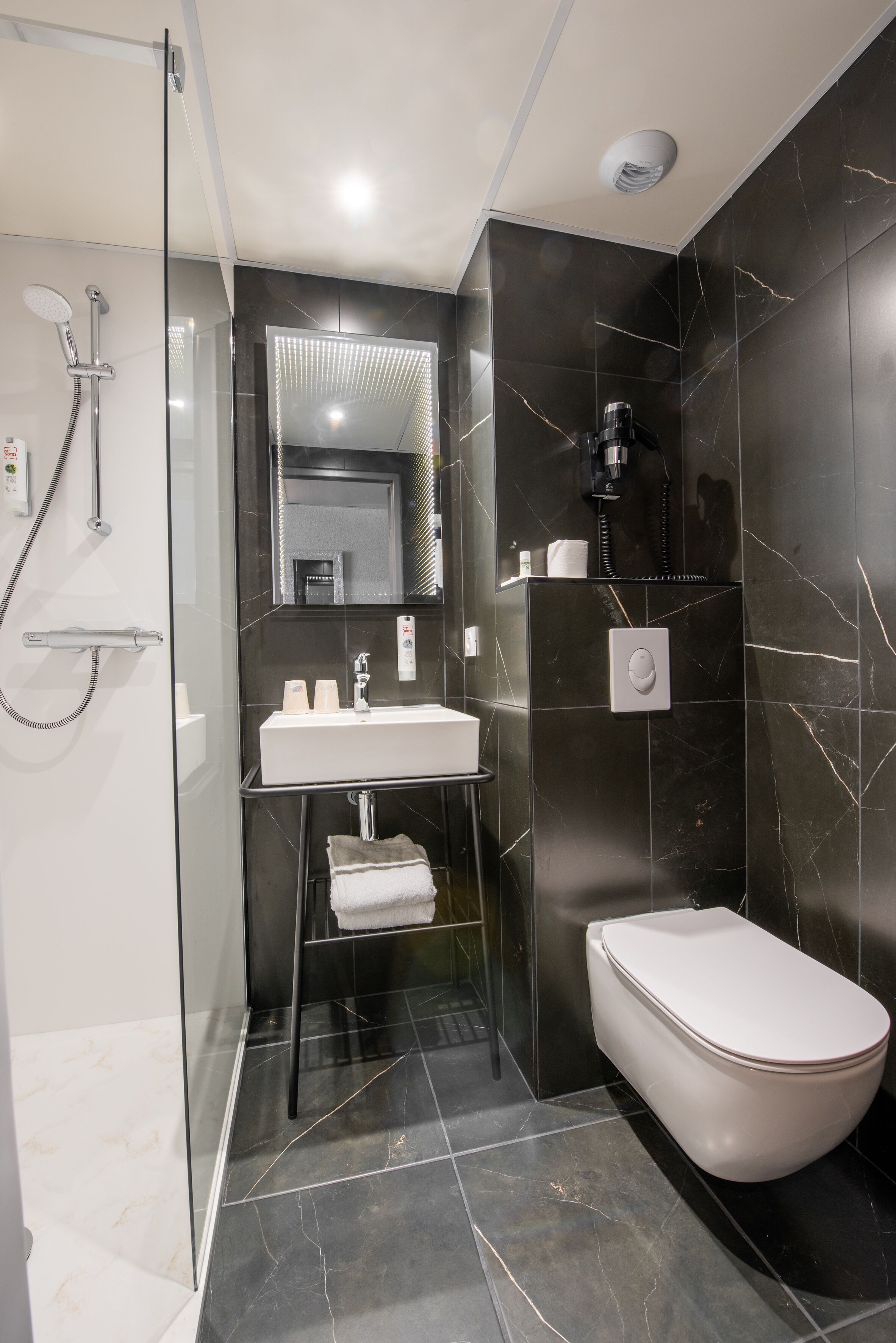 combined shower/bathtub, free toiletries, hair dryer, towels