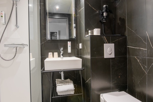 Combined shower/tub, free toiletries, hair dryer, towels