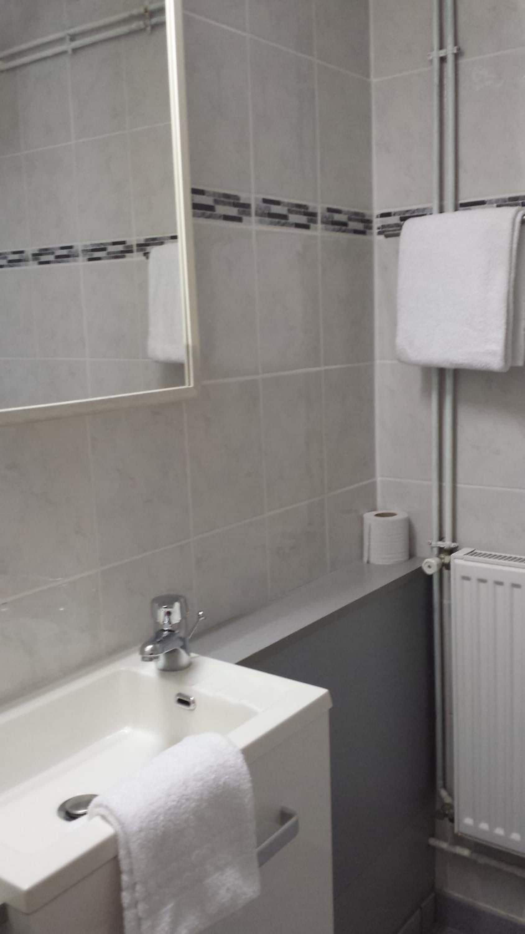 A bathroom with a white sink, a mirror, a towel, a toilet paper roll, and a radiator.