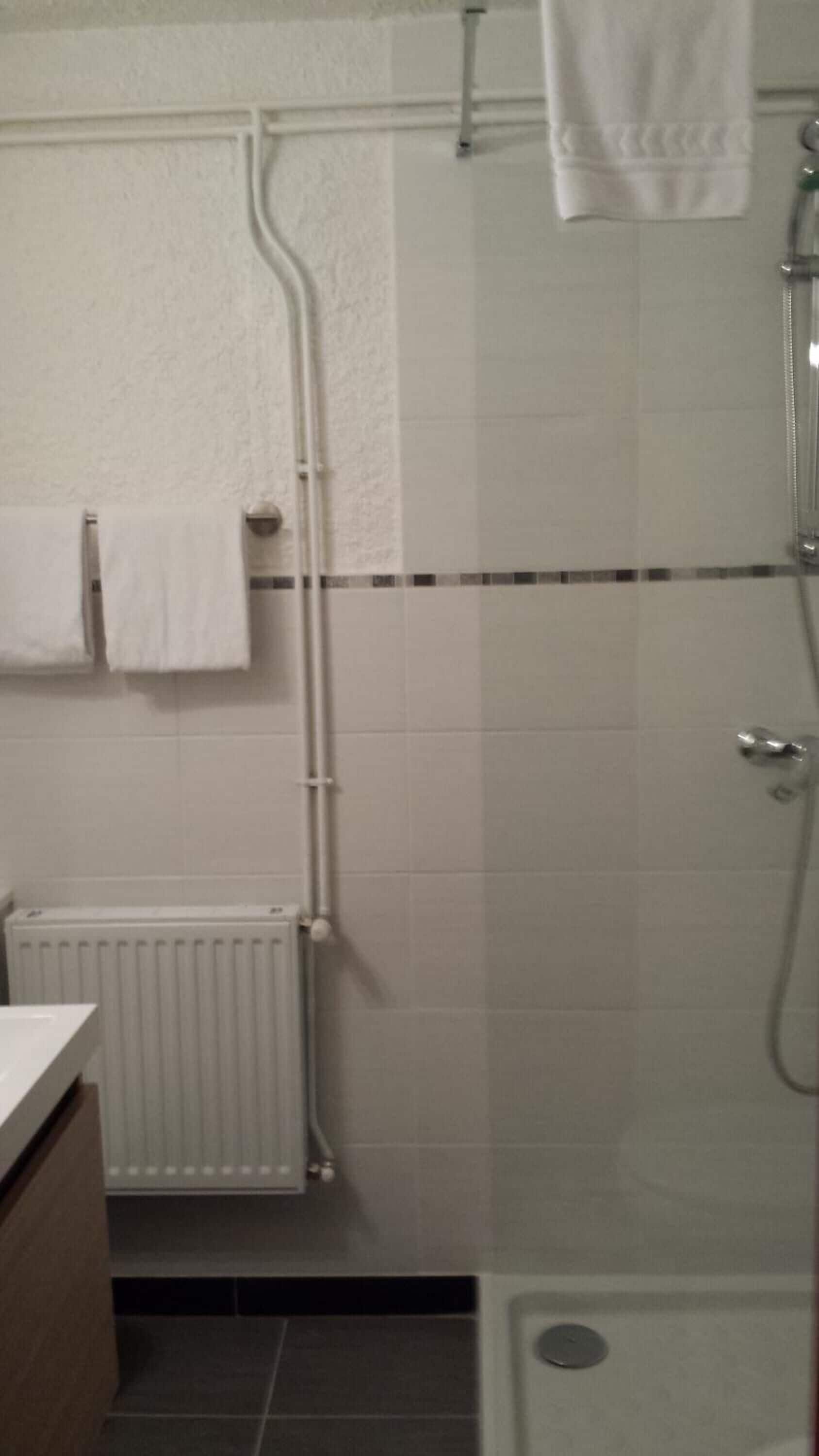 Un baño con ducha, inodoro y radiador.