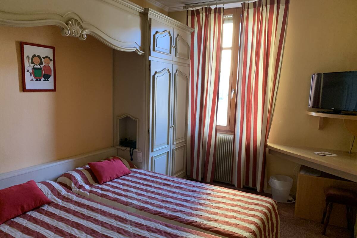 Un dormitorio con cama, escritorio, televisor y radiador.