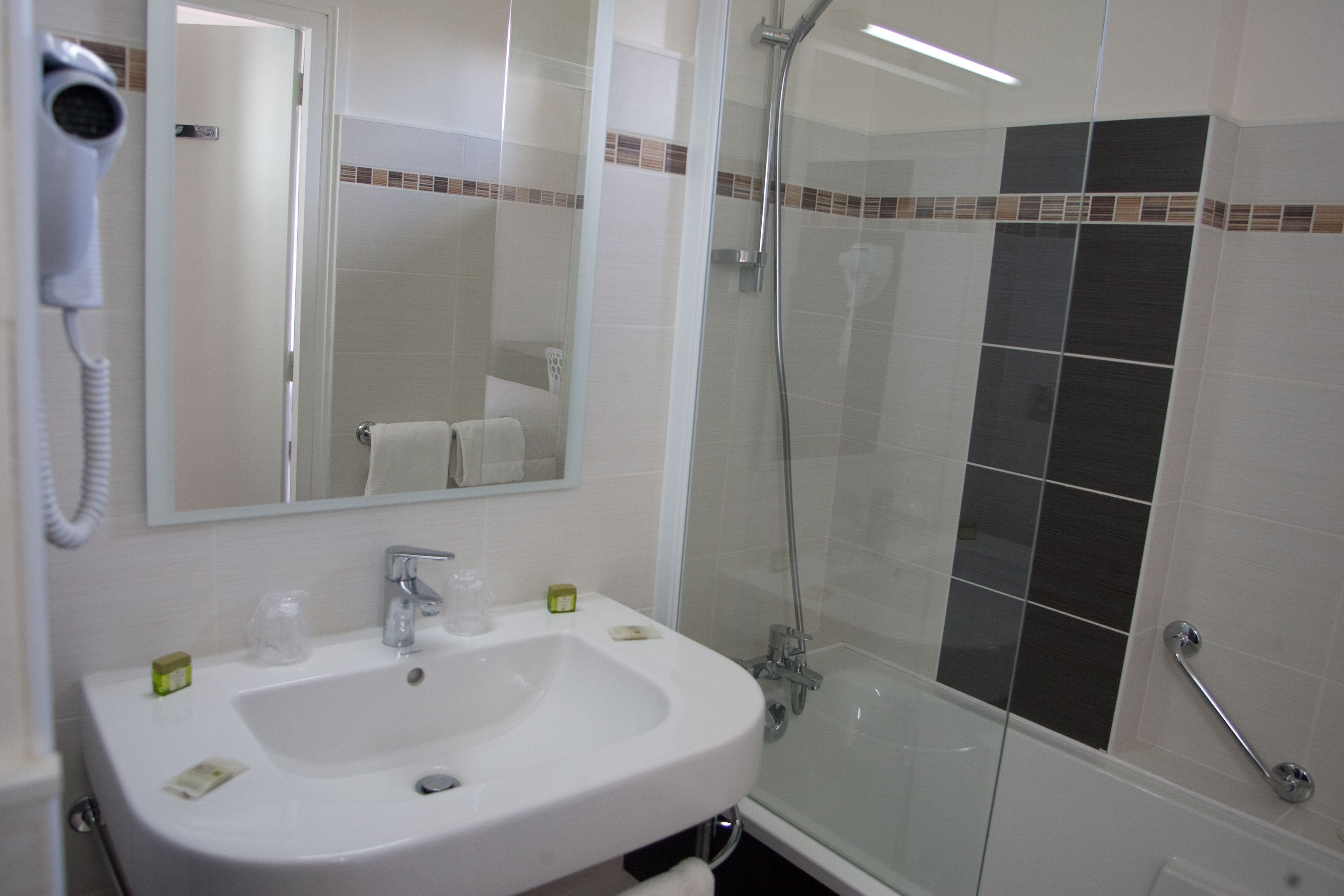 free toiletries, hair dryer, towels