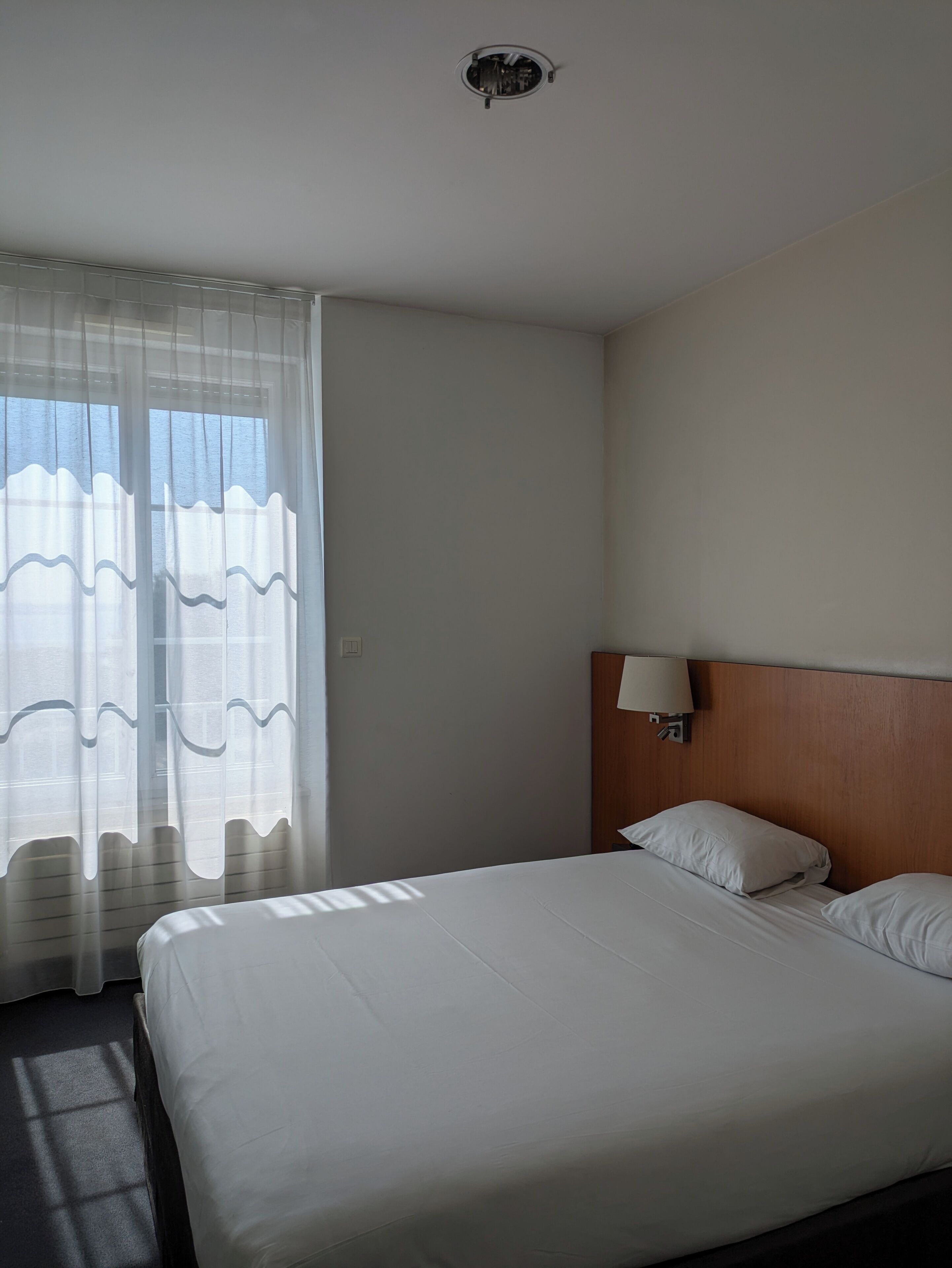 A hotel room with a bed, a nightstand, a lamp, and sheer curtains.