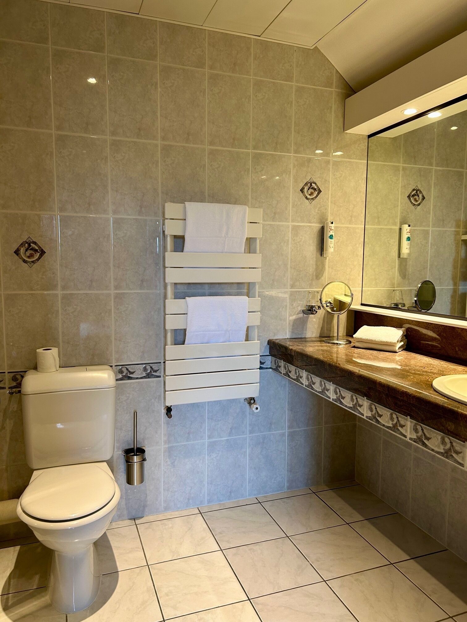 A bathroom with a toilet, a sink with a mirror, and a towel rack.