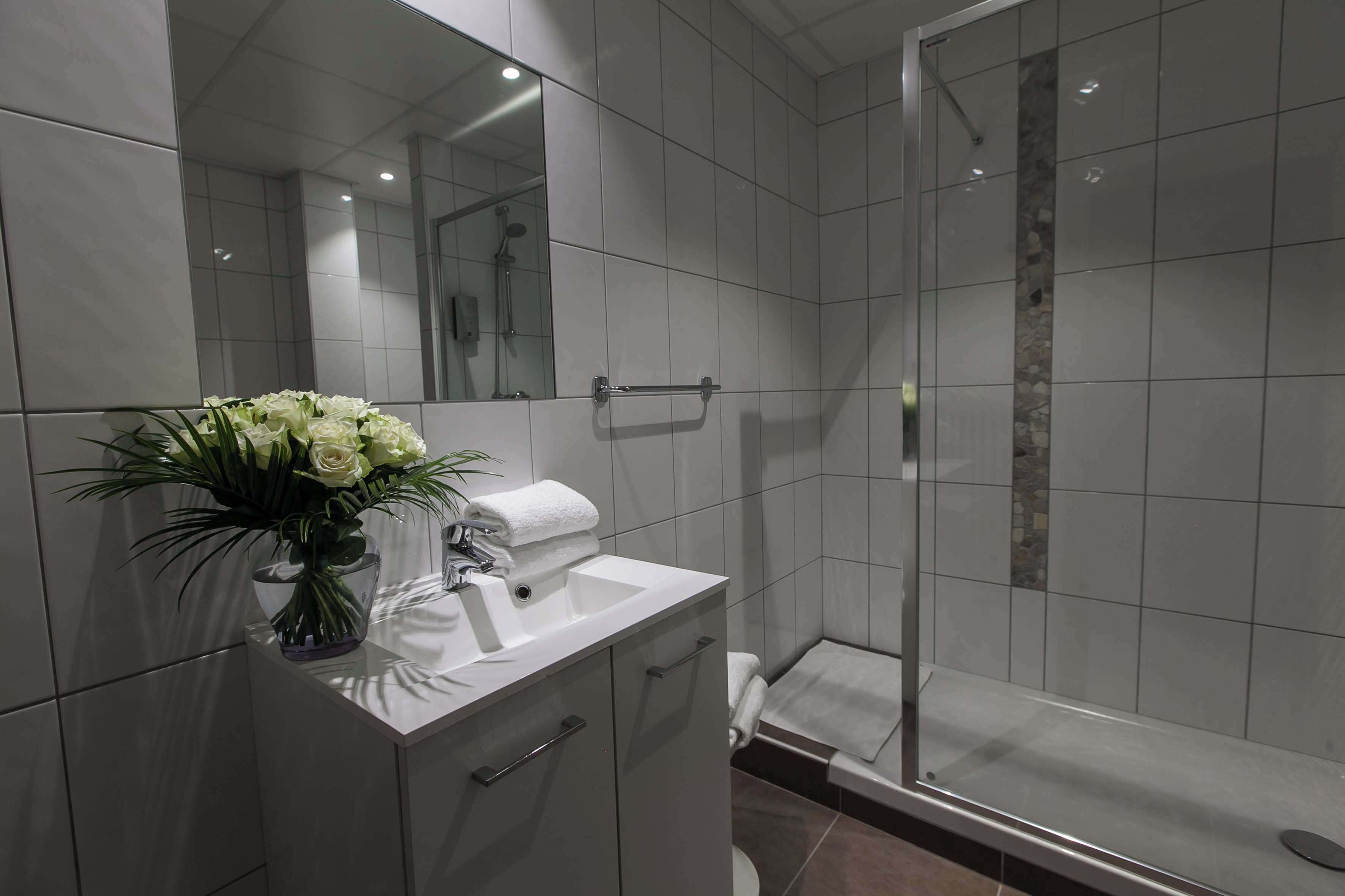 Une salle de bain moderne avec un lavabo blanc, un miroir et une douche.