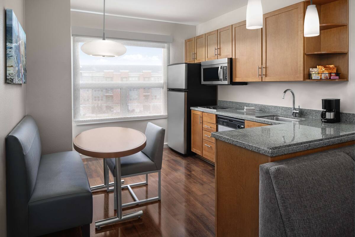 full-sized fridge, microwave, dishwasher, coffee/tea maker