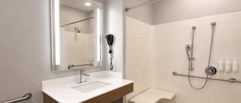 A modern bathroom with a white sink, a mirror, a handheld showerhead, and a toilet.