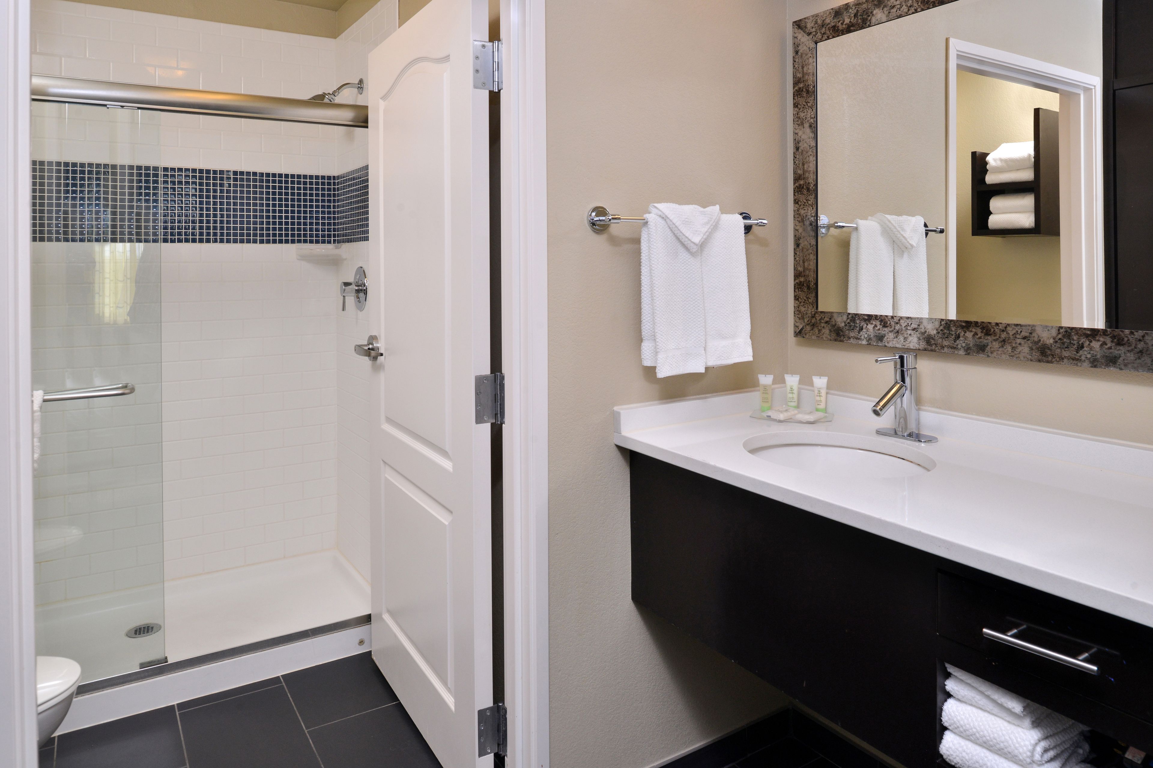 studio suite, 1 queen bed, mobility accessible, kitchen (mobility, roll-in shower) | bathroom | combined shower/bathtub, free toiletries, hair dryer, towels