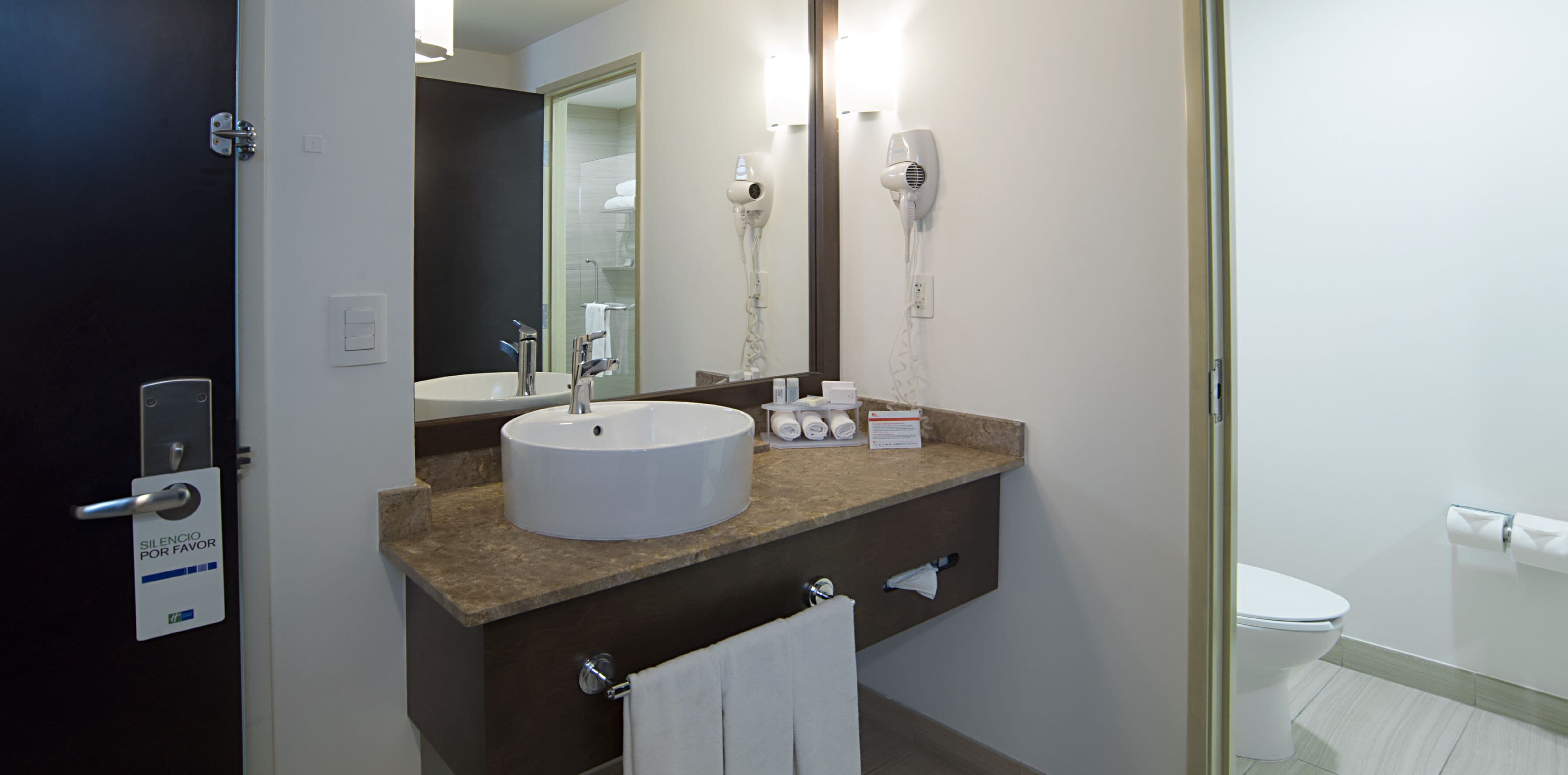 shower, designer toiletries, hair dryer