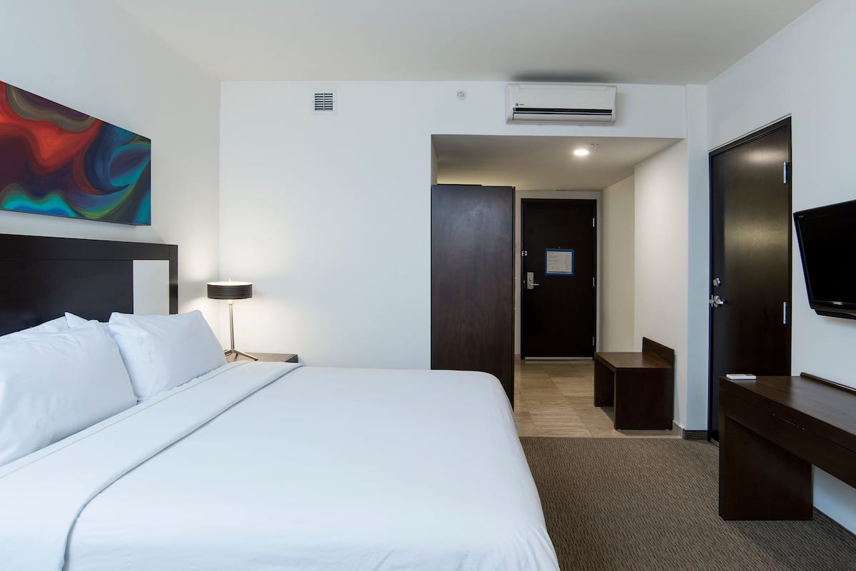 Habitación de hotel con una cama grande, un escritorio, un televisor de pantalla plana y un cuadro en la pared.