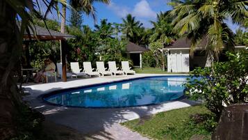 Outdoor pool, pool umbrellas, pool loungers