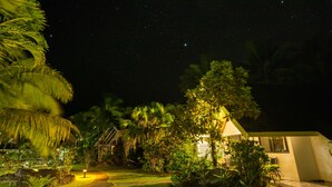 A house with a well-lit garden at night, surrounded by palm trees and a clear night sky. - Palm Grove (Rarotonga)