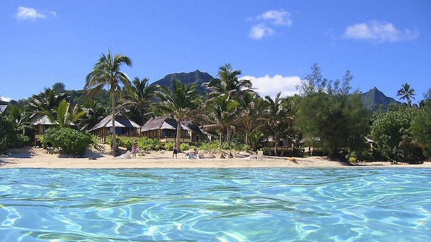 A beach resort with clear blue waters, palm trees, and thatched-roof huts. - Palm Grove (Rarotonga)