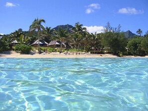 A beach resort with clear blue waters, palm trees, and thatched-roof huts.