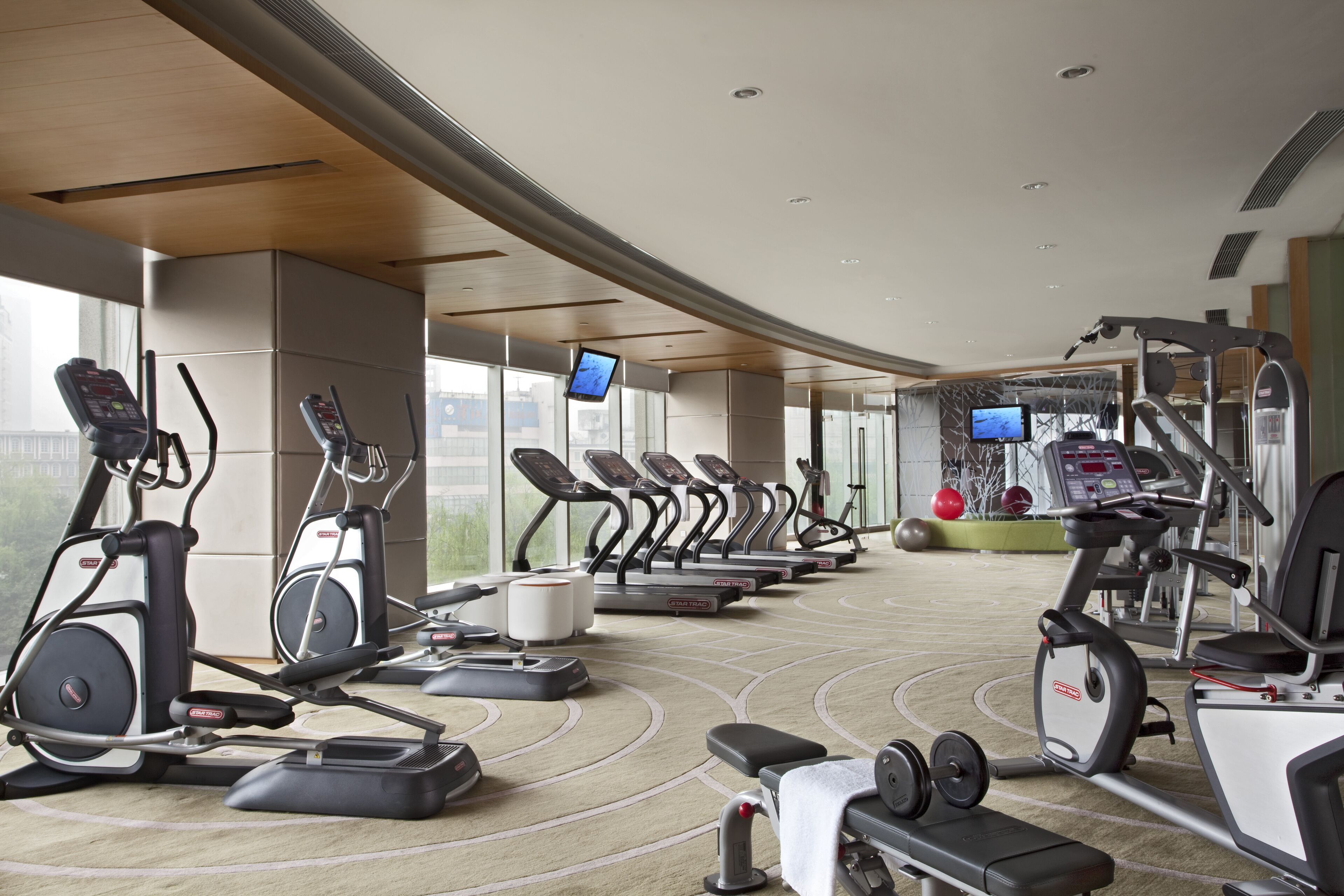 A gym with treadmills, ellipticals, and weight machines.